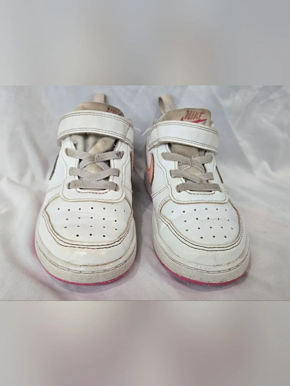 Nike Kids White Sneakers with Pink Swoosh and Pink Outsole